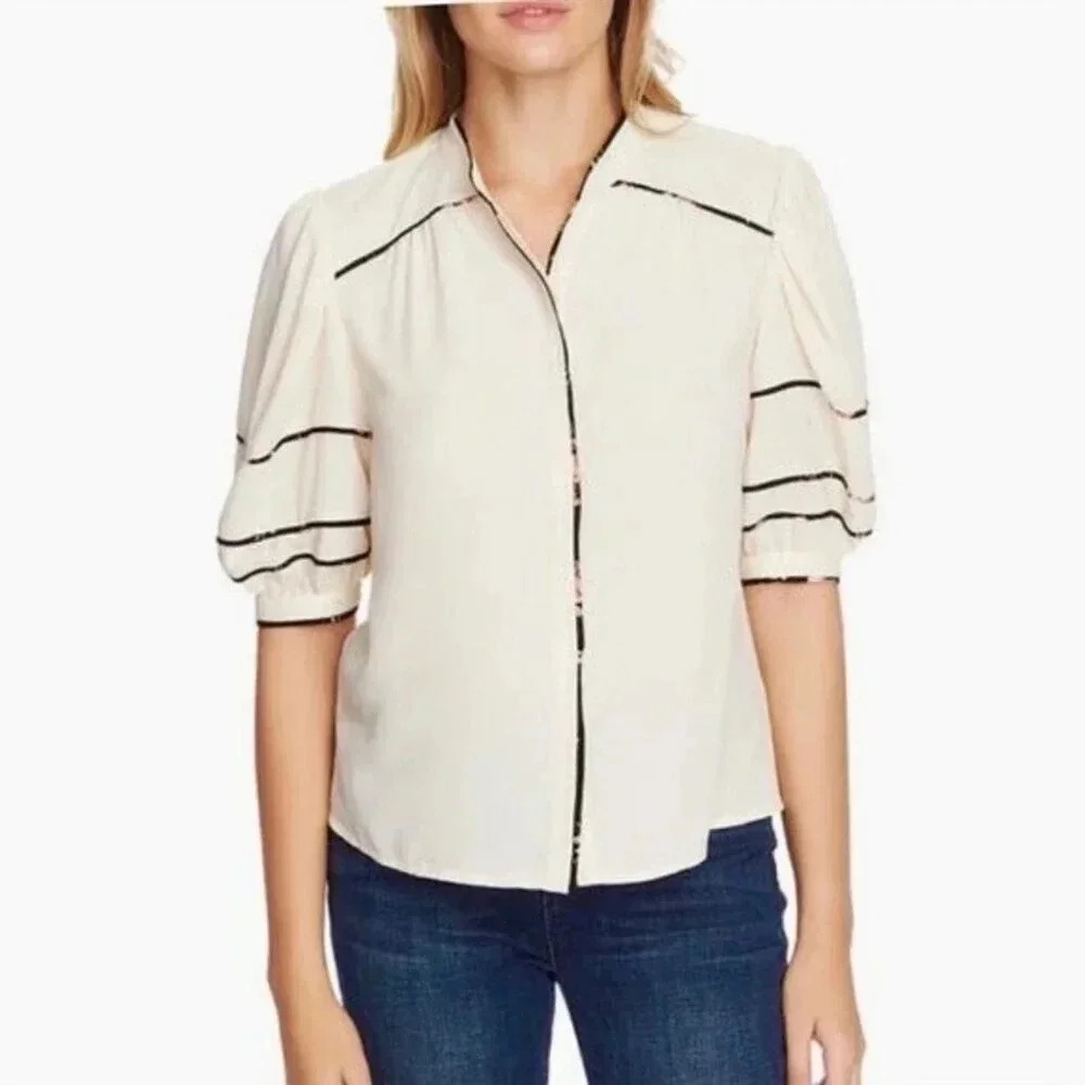 1. STATE Women’s Short Sleeve Jewel Neck Button Up Blouse Top Ivory Size S